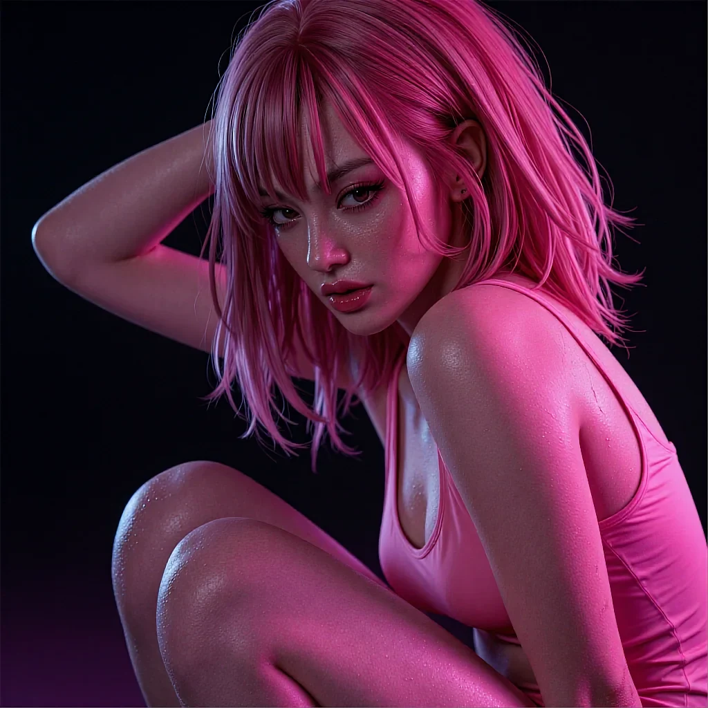 Avatar of a fictional AI companion with a bright pink bob, lit magenta against a dark studio backdrop