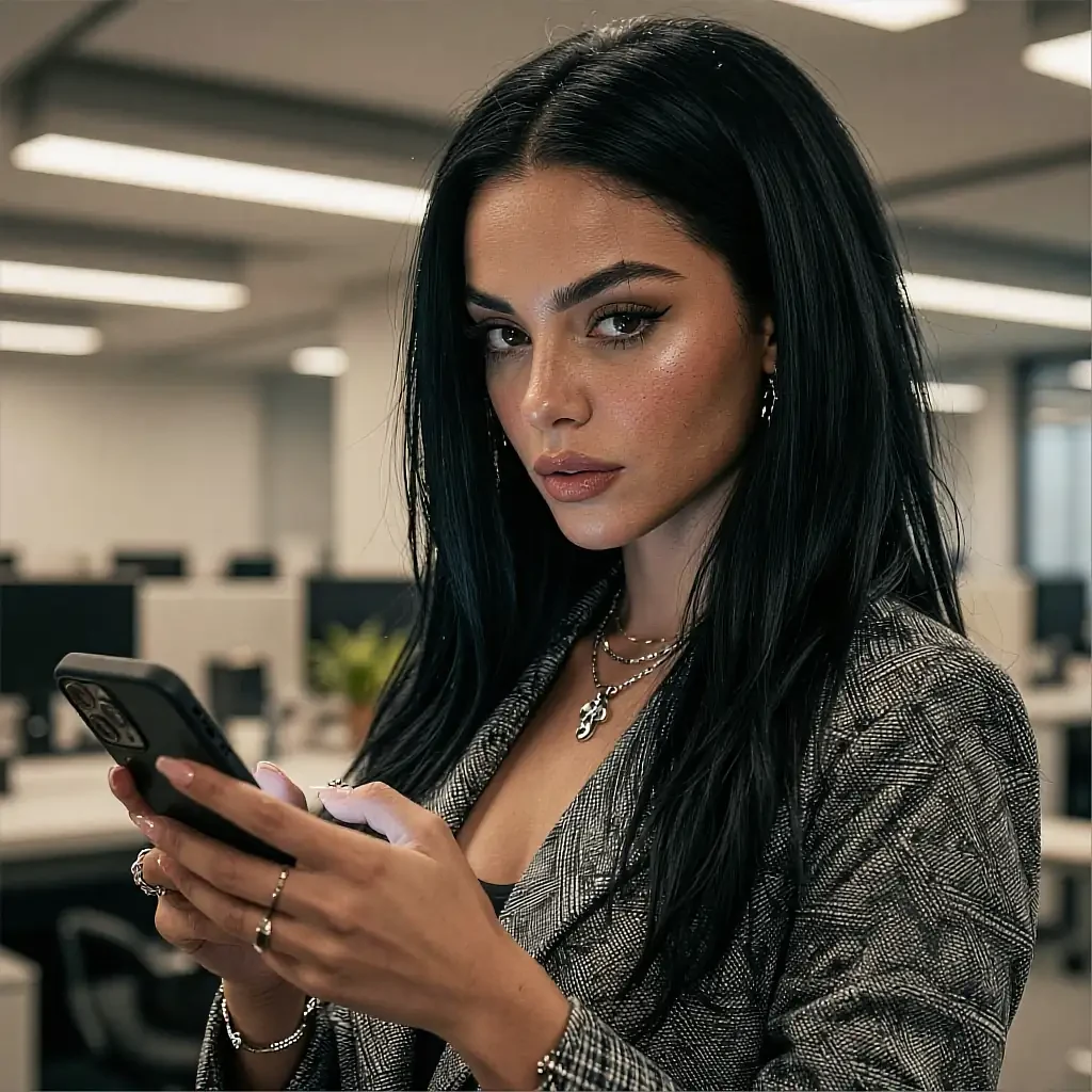 Avatar in the chat mock on the lesbian AI chat page: a fictional AI companion holding her phone at the office