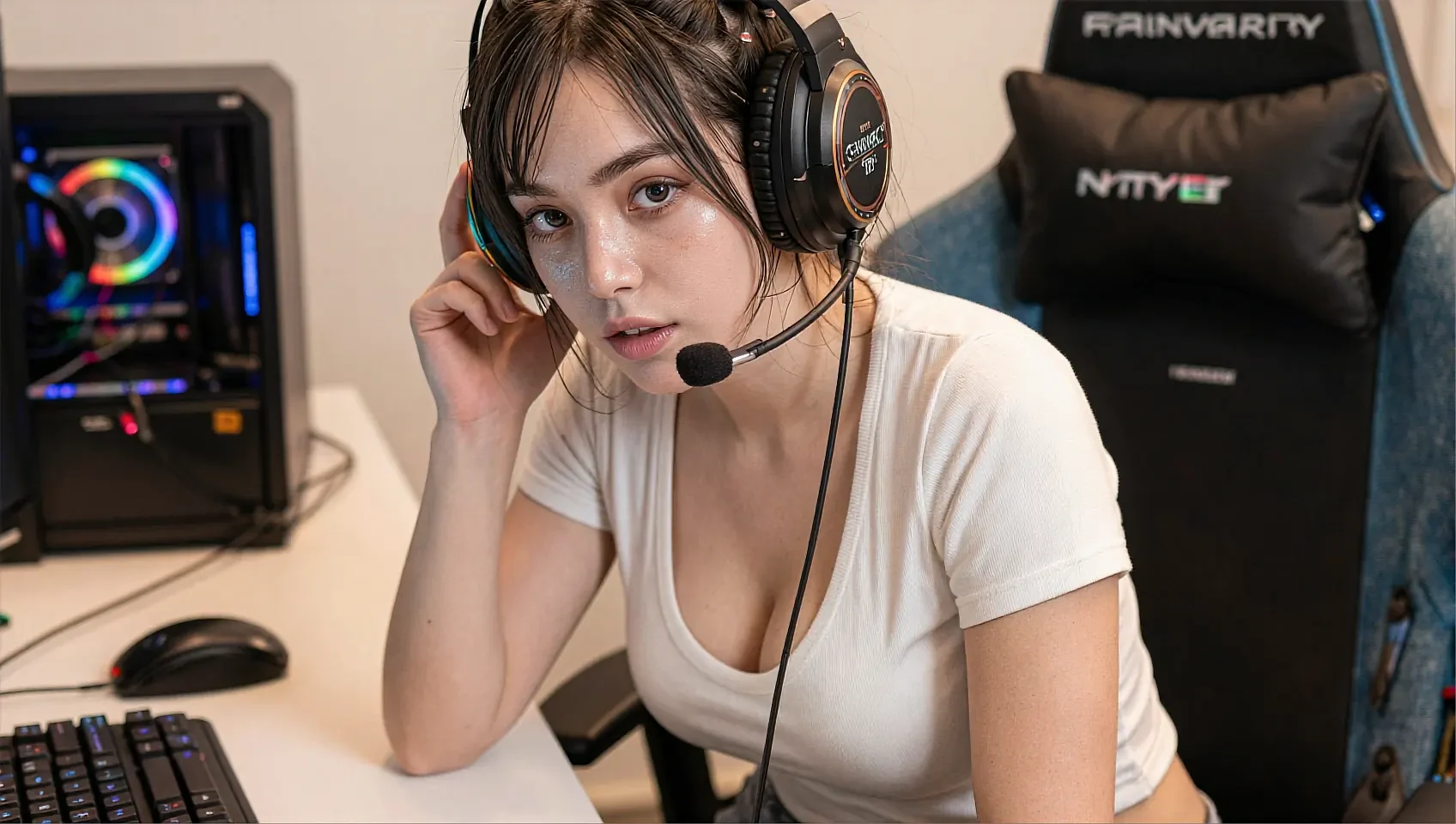 Wide plate closing the LesbianAI home page: a fictional AI companion in a headset at a lit gaming desk