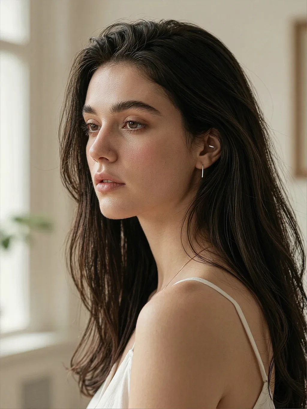 Fictional AI girlfriend in a white camisole, turned to a daylit window