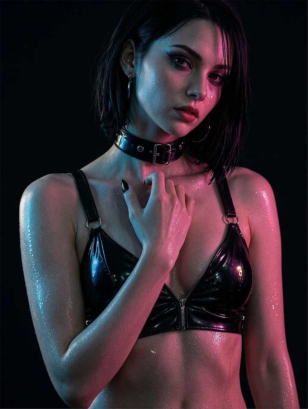 Jessica, a fictional AI companion on the LesbianAI roster, in a black latex bra and choker under blue and pink light
