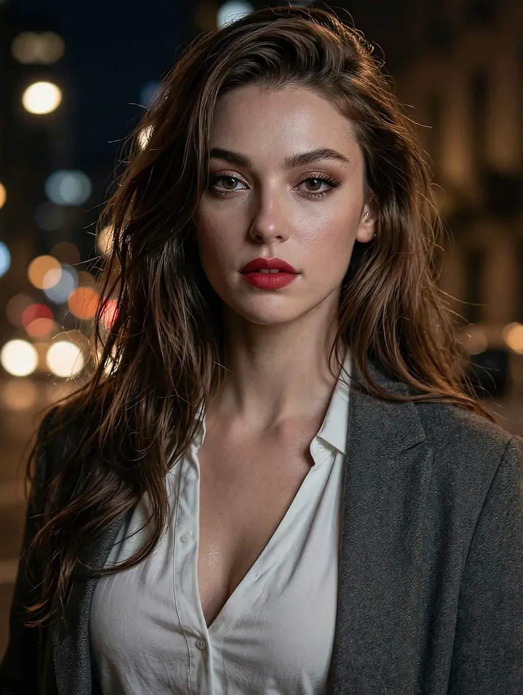 Kennedy, a fictional AI companion on the LesbianAI roster, in a white shirt and blazer with city lights blurred behind her