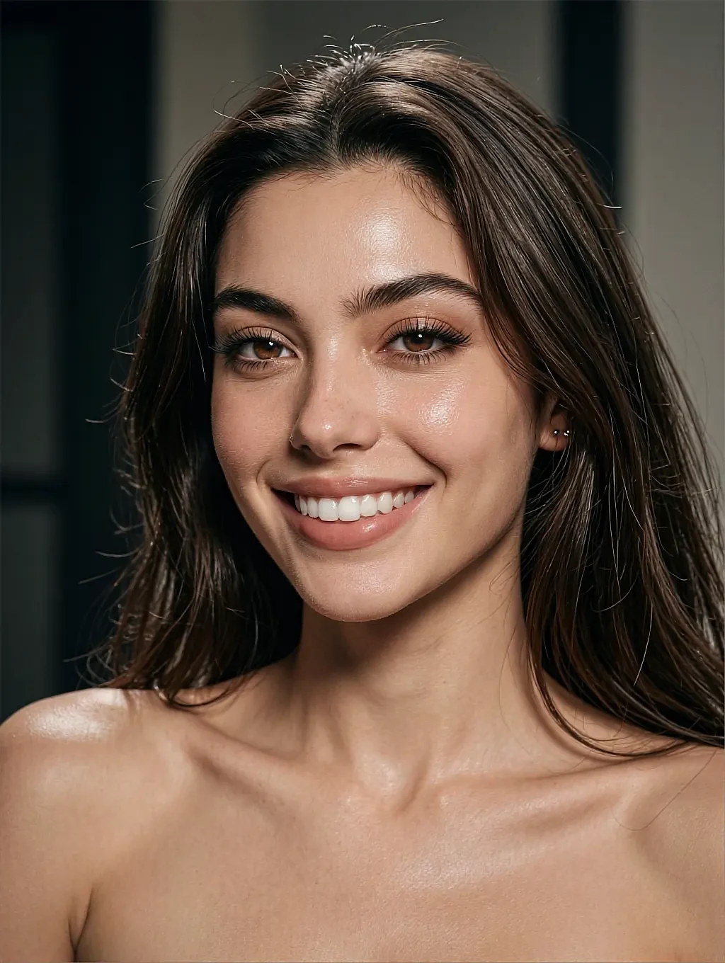 Lexie, a fictional AI companion on the LesbianAI roster, smiling in soft daylight against a plain wall