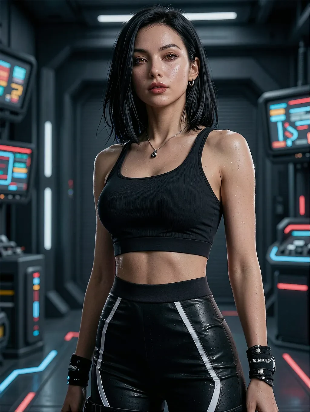Fictional AI companion in a black crop top and leather trousers on a science-fiction set, sapphic AI chat page