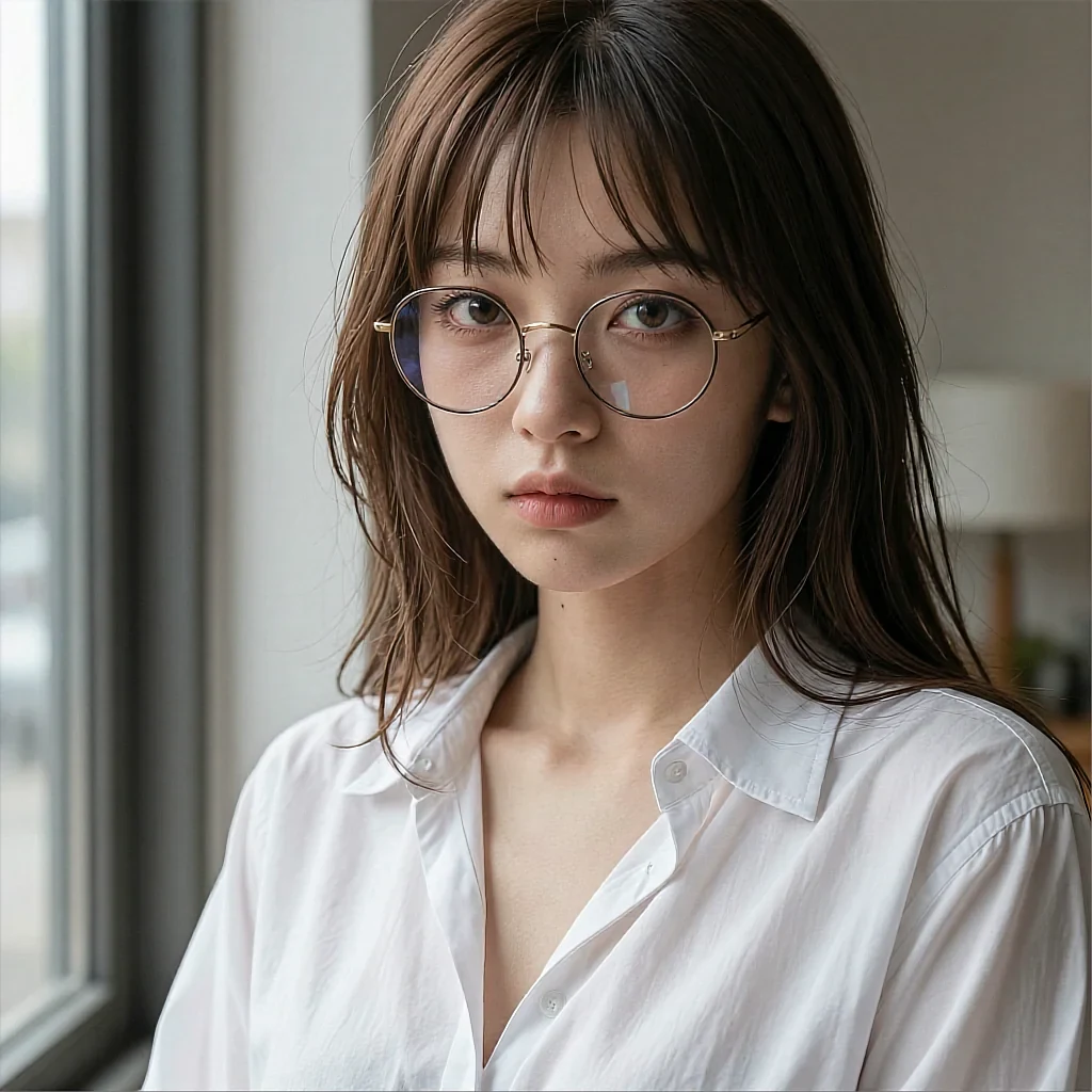 Avatar in the chat mock on the WLW AI companion page: a fictional AI companion in round glasses by a window